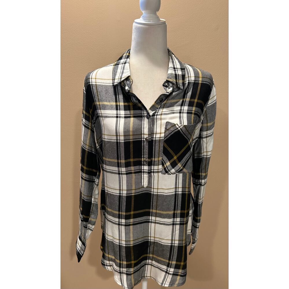 Peyton Jensen Evereve Plaid Black White and Yellow Button Front Shirt, Size S
